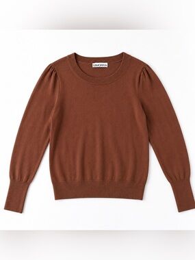 SIMORRA Rust Brown Knit Sweater Puff Shoulder Crewneck Ribbed Trim SZ 4